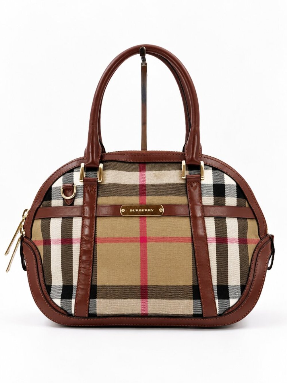 Burberry Nova Check Brown Leather Canvas Handbag Satchel Tote